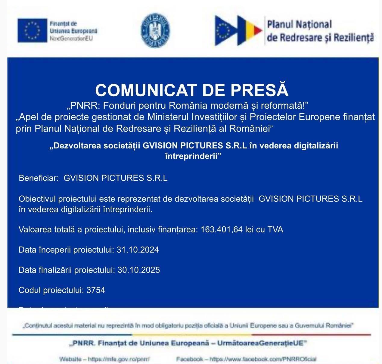 Comunicat de presă PNRR — GVISION PICTURES S.R.L.